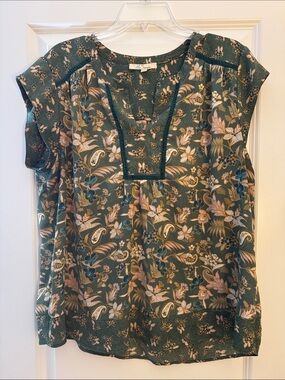 Floral Print Short Sleeve Blouse - Green